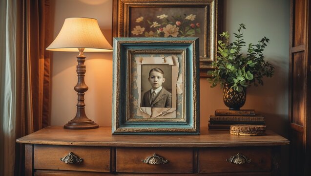Vintage framed portrait of a young boy on a wooden dresser with a lamp
