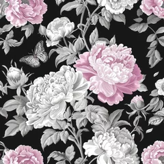 Fotobehang Vintage floral pattern with peonies and butterfly on black background for elegant design © Julia Jones