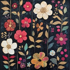 Colorful botanical floral pattern on black background for art and decor