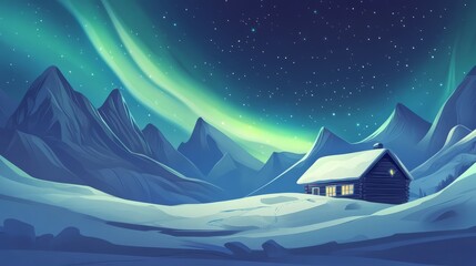 Fototapeta premium Northern Lights over a Single House or hut in the mountains while snowing