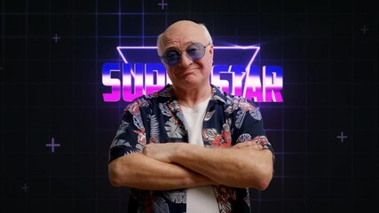 Trendy grandpa in sunglasses folding arms and smiling on futuristic superstar bg