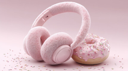 Fluffy pink headphones and sprinkle donut on pastel background
