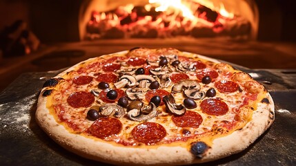 A wood fired pizza with pepperoni, olives, and mushrooms, fresh