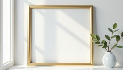 Simple gold frame mockup, white wall background, backdrop, white wall