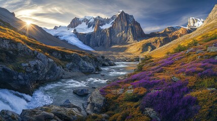 Obraz premium Mountain sunrise, river valley, autumn flowers