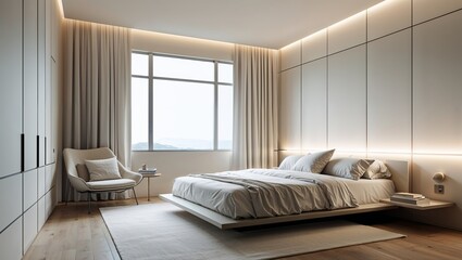 A minimalist bedroom with clean lines and serene light
