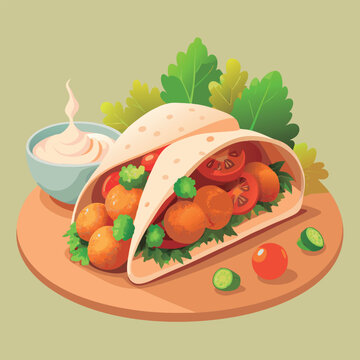 falafel tacos with sauce on wooden plate clip art preview