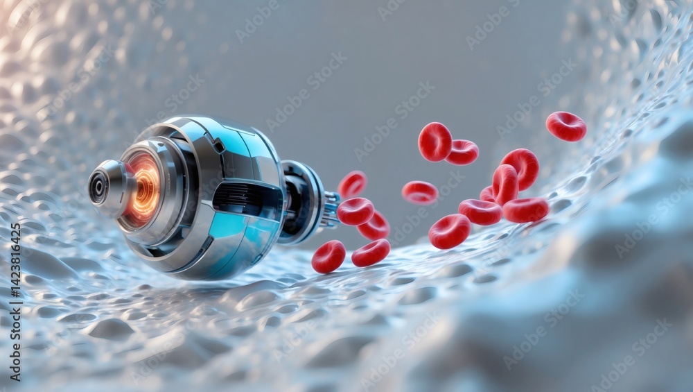 Poster a medical nanotechnology device navigating through a blood vessel. this futuristic scene depicts the