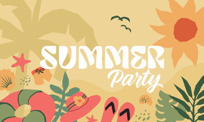 Happy summer, vibrant and playful design with hand painted organic element, featuring  floaties, and seashells in tropical colors. modern cute style, perfect for a vertical poster or greeting card