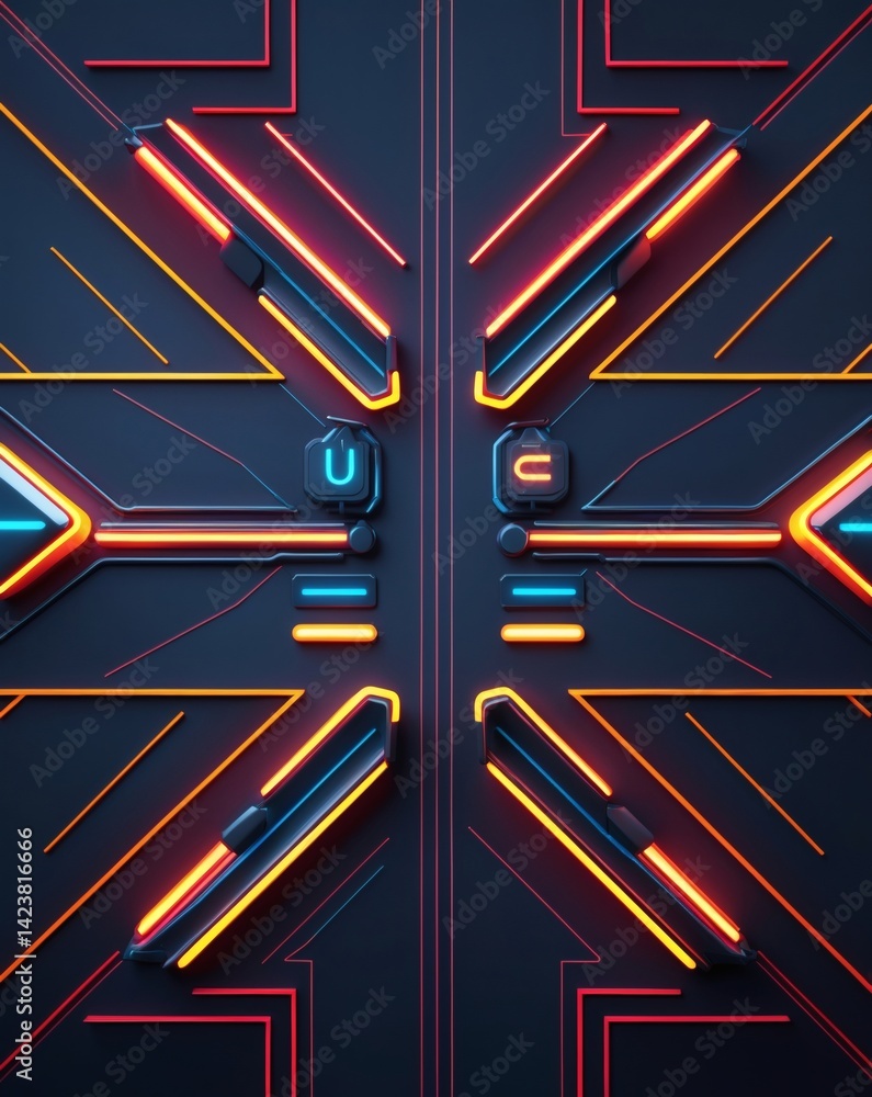Poster Abstract futuristic design with neon glow lines forming intricate patterns on a dark surface