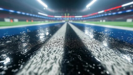 Empty football stadium on a rainy day. Wet grass field and stands under the rain. Close up view of football field with rain motion footage video. - Powered by Adobe