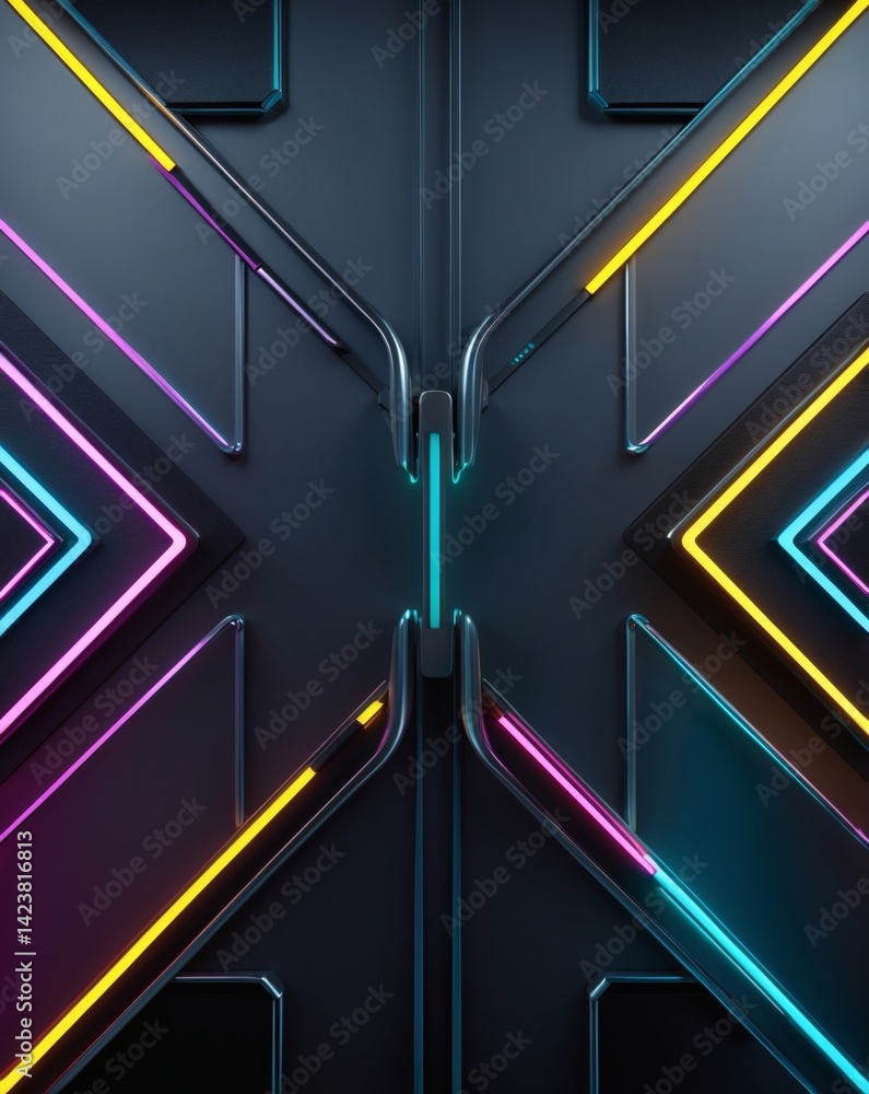 Poster A modern digital geometric neon light backdrop with unique design. Features futuristic neon light with different color light and geometric pattern