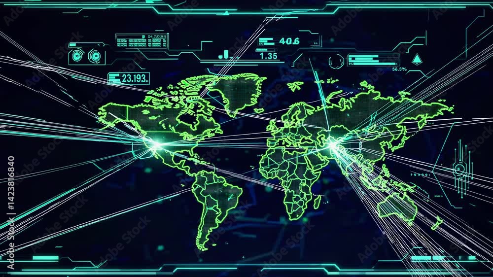 Aufkleber futuristic video interface with a top-down angle, showcasing a digital world map with neon green lin