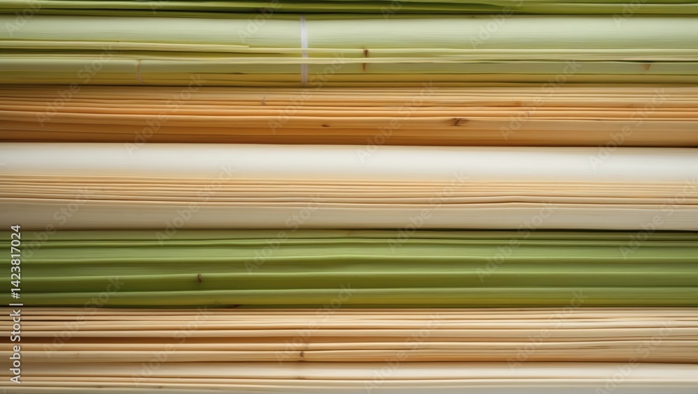 Poster close-up shot of bamboo stems, with natural textures and warm colors, arranged horizontally in a row