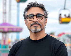 Obraz premium Happy middle-aged man with glasses smiles at amusement park