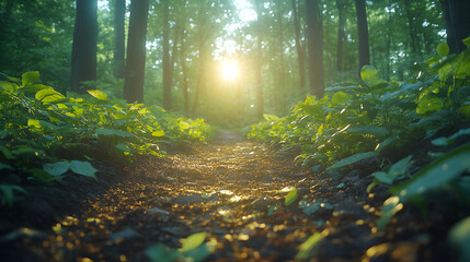 Obraz premium Lush green forest trail under sunlight, symbolizing sustainability, ecology, and nature preservation