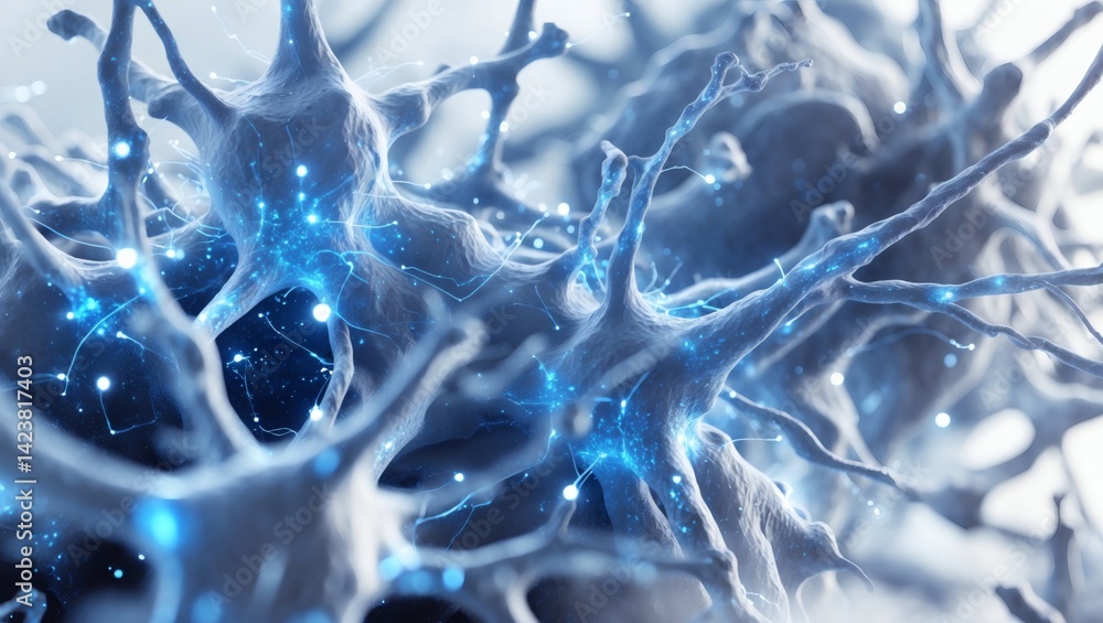 Poster an artistic representation of neurons firing in the brain, illustrating the intricate network of the nervous system. The image captures the essence of thought and consciousness