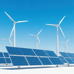 Solar panels and wind turbines against a blue sky.