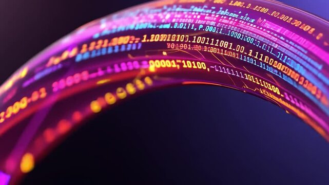 Abstract digital background with glowing binary code and colorful light trails in a futuristic design