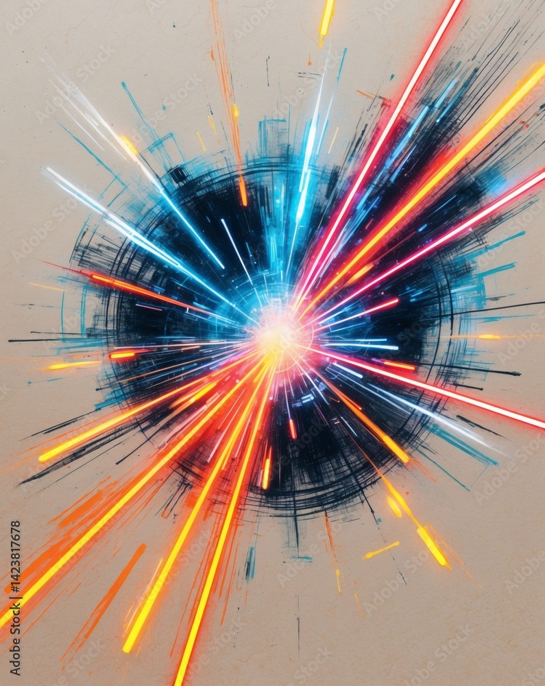 Poster abstract representation of a powerful explosion in vivid colors and radiant energy