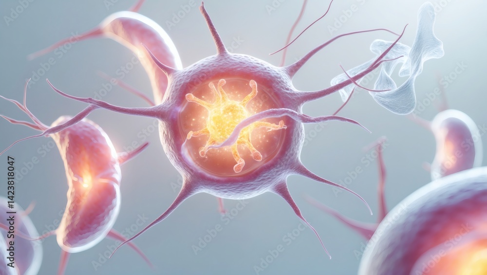 Poster vivid illustration of microorganisms against a blurred backdrop, showcasing vibrant colors and intri