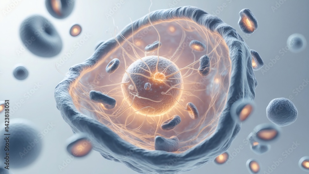 Poster an illustration of a human cell showing the complex structure and the inner core in detail