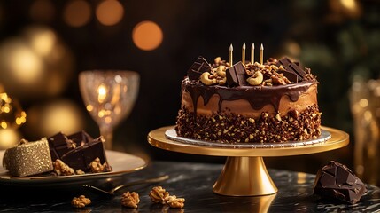 Birthday cake with chocolate and nuts served on a luxurious table with elegant lighting and rich textures