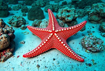 Caribbean starfish on Cozumel coral reef seabed, echinoderm, starfish
