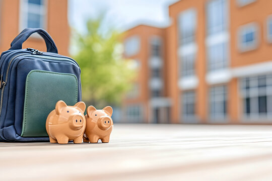 Piggy banks beside a backpack on a patio, buildings in background