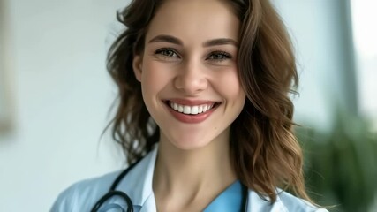 Close-up shot of a friendly female healthcare worker. She is dressed in a professional attire and wearing a stethoscope, smiling warmly at the viewer and evoking a sense of trust and care.