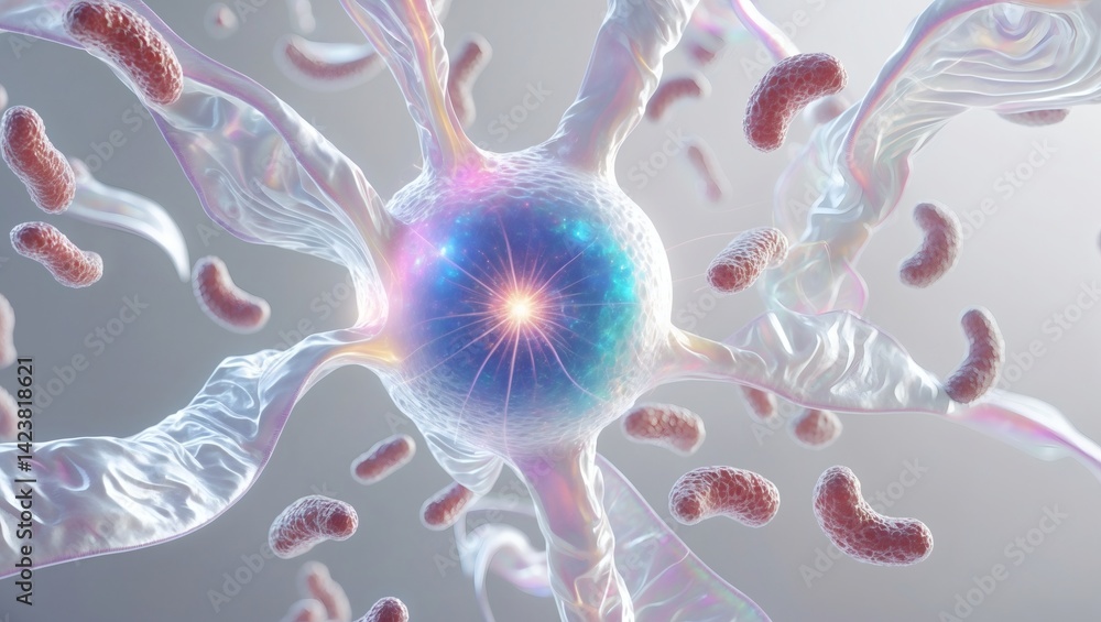 Poster detailed illustration of neuron cell under microscope with nucleus and organelles. this image provid