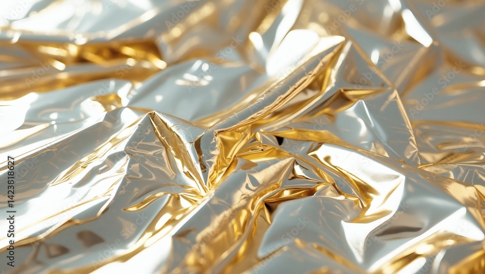 Poster gold foil abstract background, shimmering and textured. the golden surface reflects light, creating 