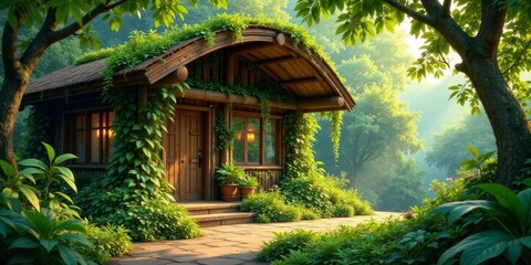 Obraz premium Secluded Wooden Cabin Nestled Amongst Lush Greenery, Bathed in the Warm Glow of Morning Sunlight, Offering a Peaceful and Tranquil Retreat