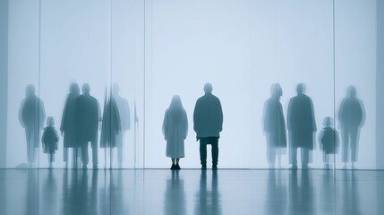 Fototapeta premium Silhouetted figures of different ages symbolizing generational change, memory, and social fragility in a minimalist surreal scene with reflective shadows and emotional depth.