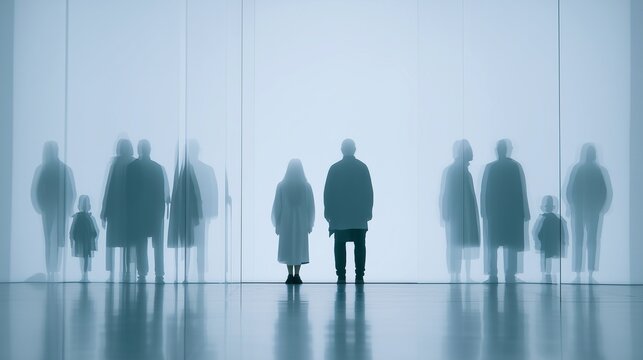 Silhouetted figures of different ages symbolizing generational change, memory, and social fragility in a minimalist surreal scene with reflective shadows and emotional depth.