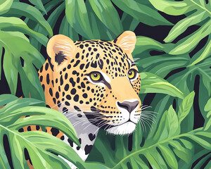 A majestic leopard's head peeks from lush, vibrant tropical foliage