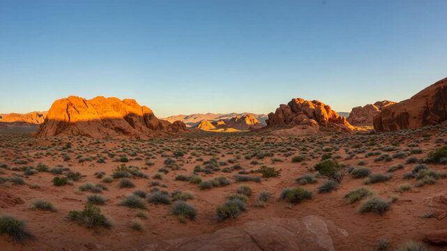 夕日輝く砂漠、赤岩絶景