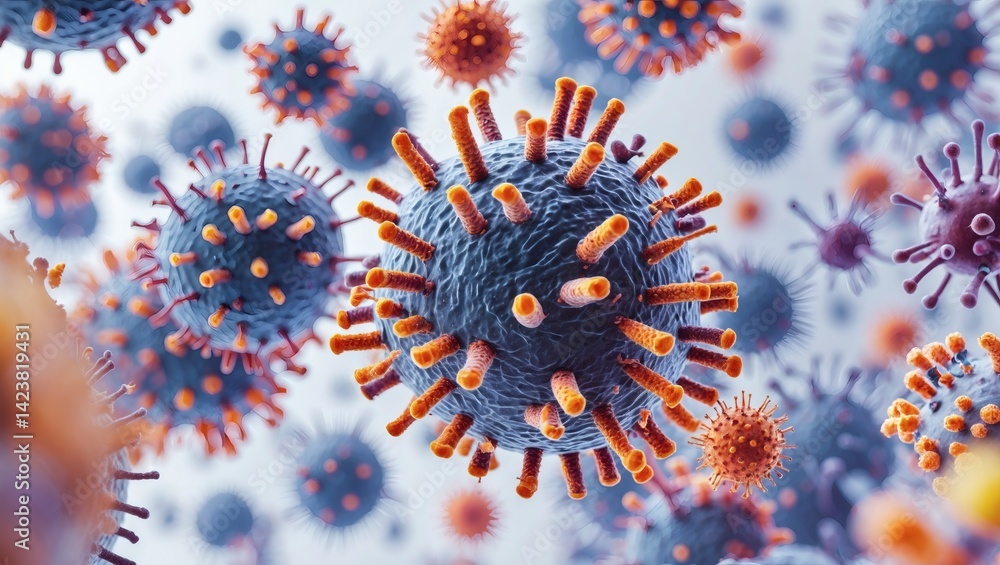 Poster microscopic depiction of viruses, illustrating their intricate structures. the image shows viruses w