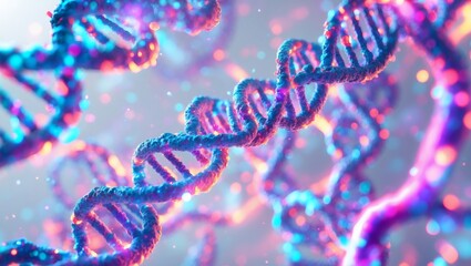 DNA double helix structure glowing in vibrant colors, detailed close-up view. The image features a intricate, colorful representation of the DNA molecule.  