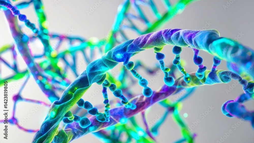Poster a close-up view of colorful dna strands. the double helix structure is emphasized in bright colors, 