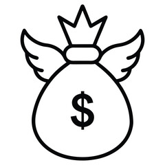 Outline illustration of a money bag with wings, dollar sign, and royal crown