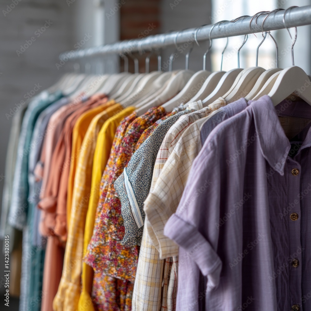 Poster brightly colored summer dresses hang in vibrant rows, showcasing intricate patterns and lightweight 