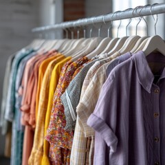 Obraz premium Brightly colored summer dresses hang in vibrant rows, showcasing intricate patterns and lightweight fabrics