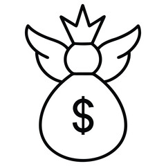 Outline illustration of a money bag with wings, dollar sign, and royal crown