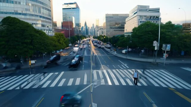 Bustling metropolis, urban crossroads at day and dusk