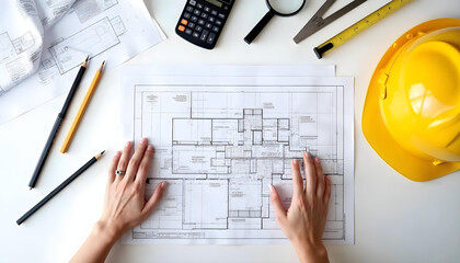Overhead shot of a woman's hands reviewing architectural blueprints with tools around.