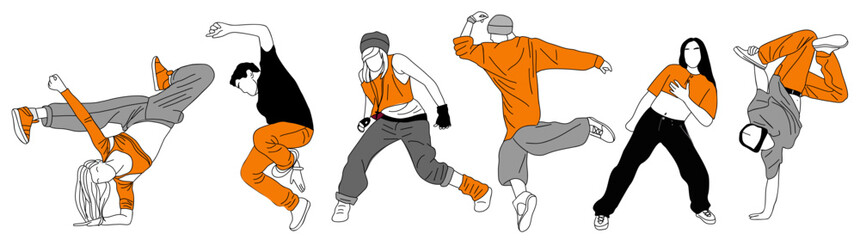 Set of teenager dancers hip hop, breakdance outline vector drawing isolated on white background. Young cool girl and boy dancing street dance colored sketch. Korean japanese asian thin line style.