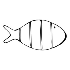 Small round fishes of simple shape with rustic patterns. Graphic line art hand drawn on the theme of sea and fishing in black and white ink. Separate element isolated from the background EPS vector