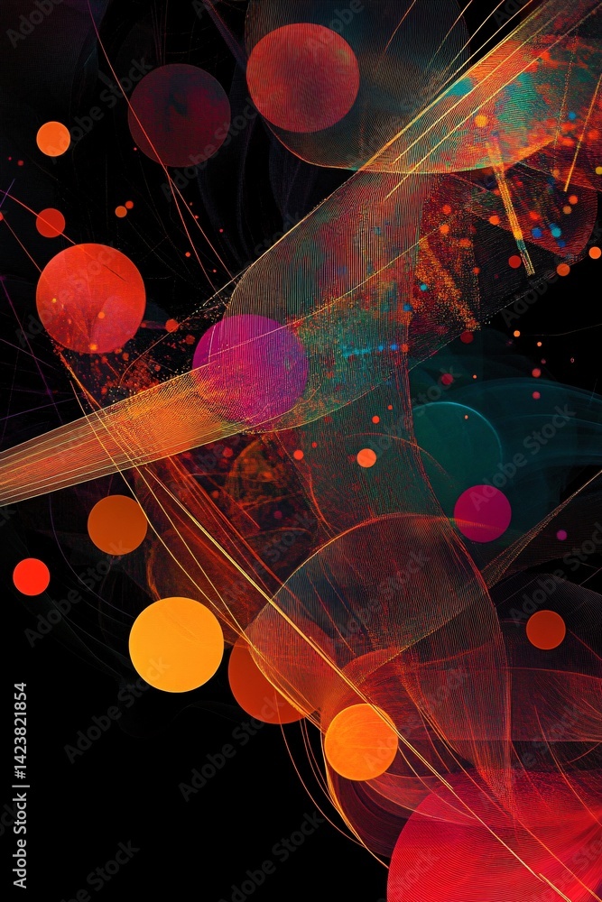 Leinwandbilder abstract design with wavy lines and colorful circles on black background