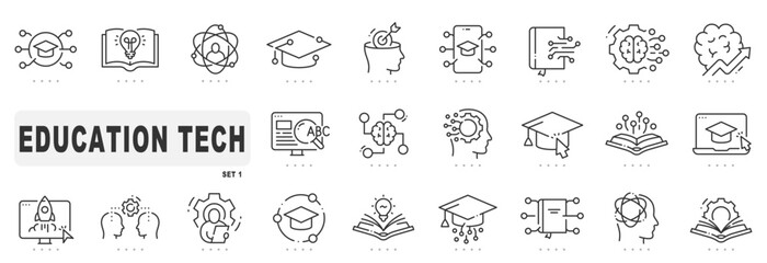 Set of education tech related line icons. Digital, online, smart, learning etc. Editable stroke
